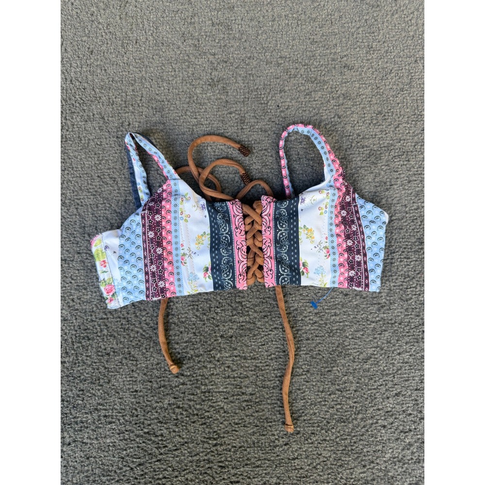 Agua Bendita Martina Patchwork Lace Up Bikini Top Multicolor Floral Small
